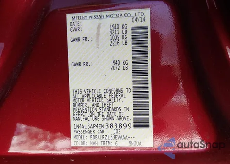 2014 Nissan Altima 2.5/2.5 S/2.5 Sl/2.5 Sv from USA, damaged, VIN 1N4AL3AP4EN383899